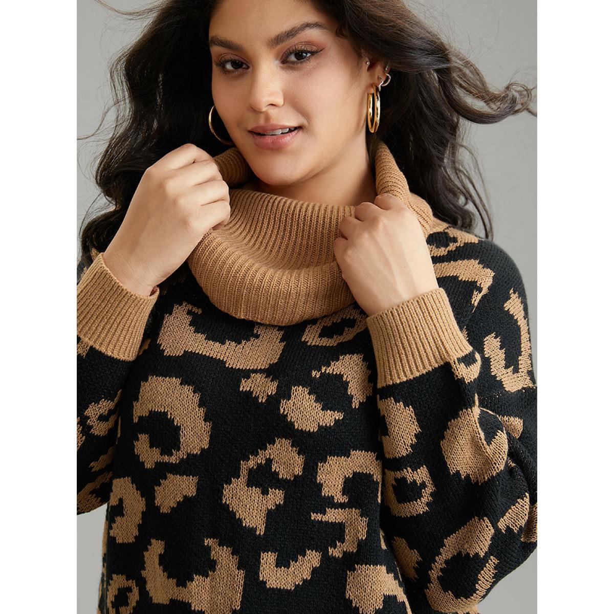 Plus Size Leopard Contrast Jacquard Turtleneck Pullover Bronze Women Casual Loose Long Sleeve Turtleneck Dailywear Pullovers BloomChic 18-20/2X Product Image