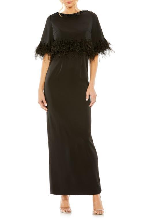 Womens Sating Feather-Trimmed Cape Maxi Dress Product Image