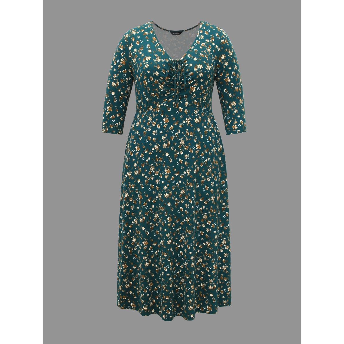 Plus Size Ditsy Floral Chest Drawstring Midi Dress DarkGreen Women Elegant Drawstring Knit Dresses Bloomchic 28/5X Product Image