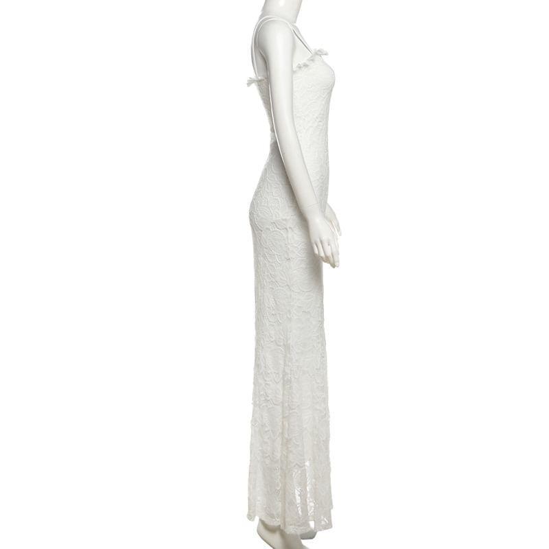 Spaghetti Strap Plain Frill Lace Maxi Sheath Dress Product Image