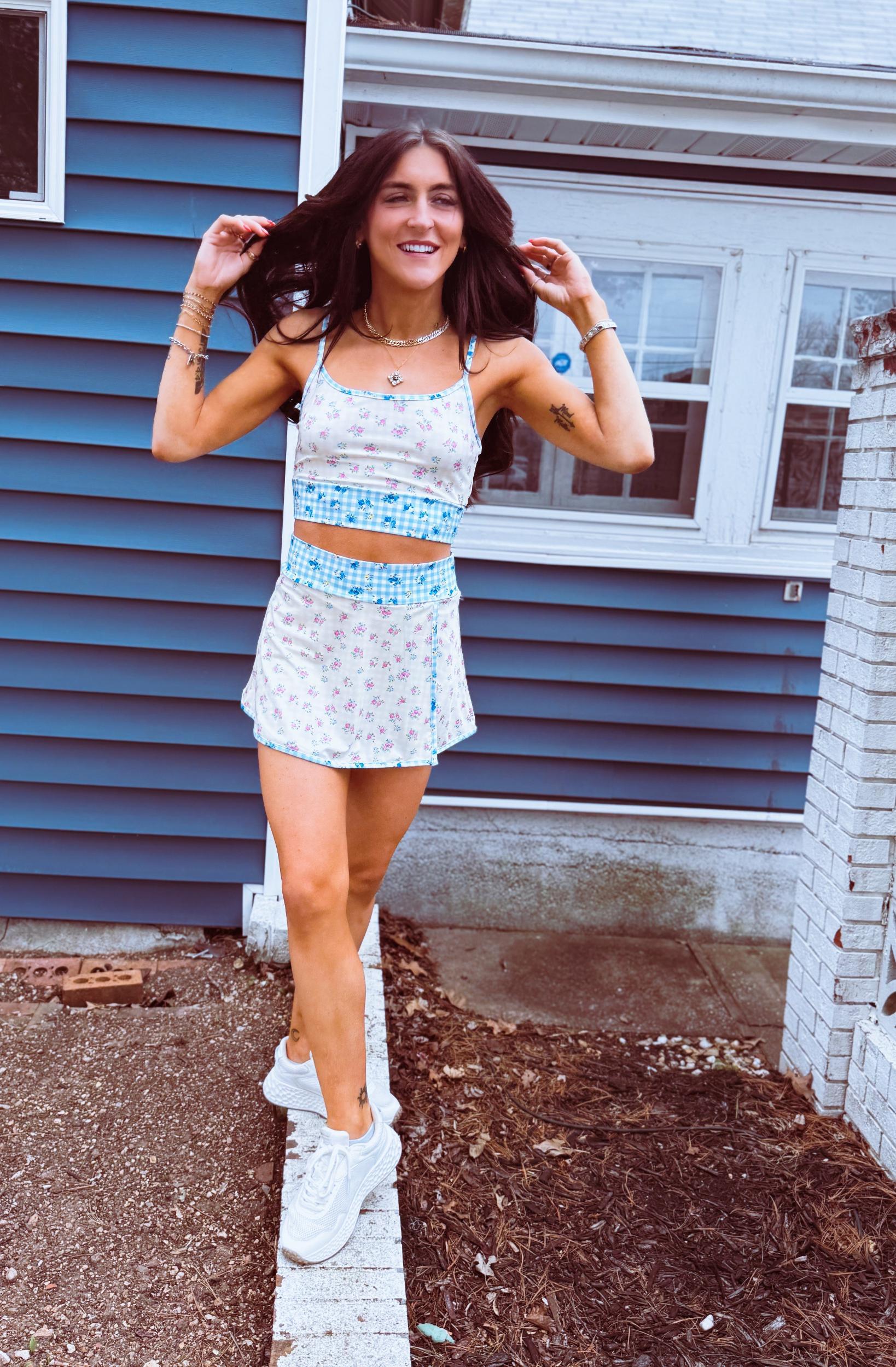 Gingham Floral Print Patchwork Sporty Mini Skort Product Image