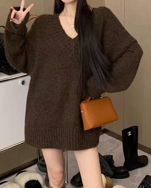 V-Neck Plain Oversized Sweater Product Image