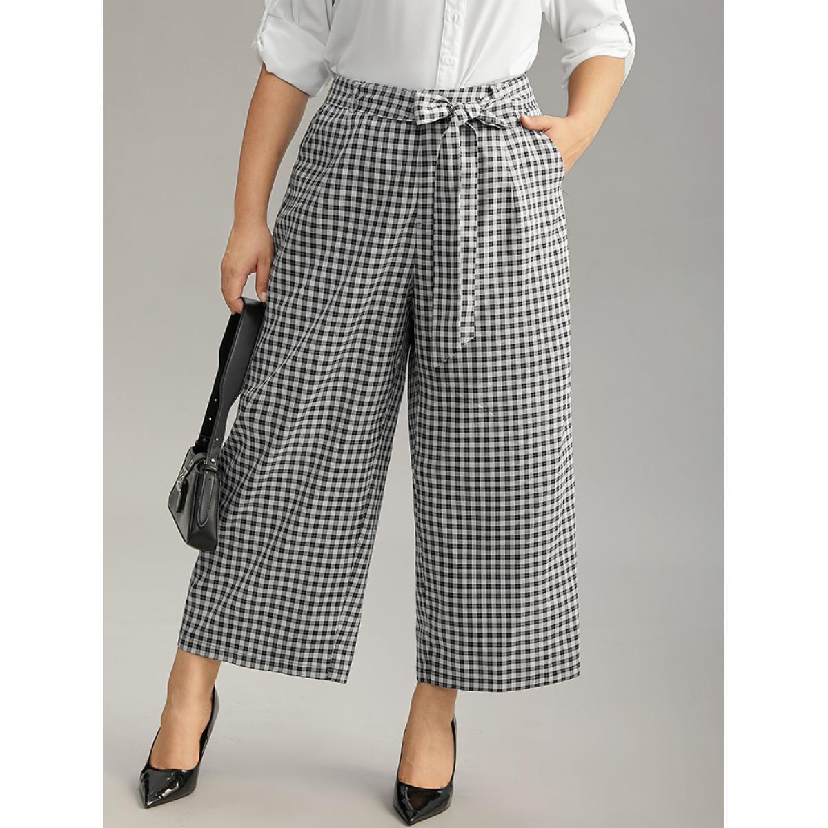 Plus Size Plaid Belted Bowknot Wide Leg Pants Women Black Office Wide Leg High Rise Work Pants BloomChic 10/M Product Image