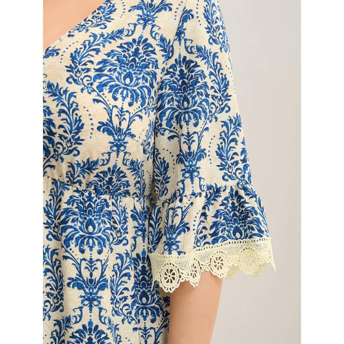 Plus Size Damask Print Lace Detail Midi Dress Mediumblue Women Woven ribbon&lace trim V-neck Elbow-length sleeve Curvy BloomChic 28/5X Product Image