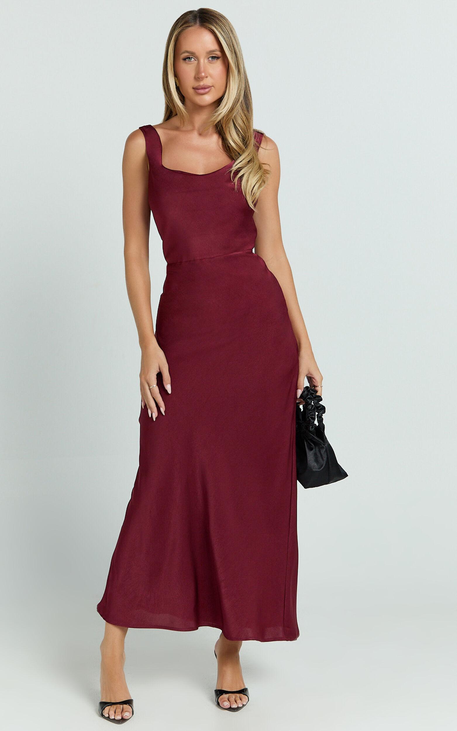 Dara Midi Dress - Low Neck Sleeveless Slip Dress in Wine Product Image
