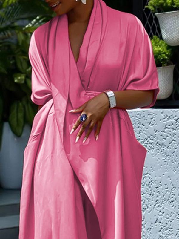 Loose Short Sleeves Asymmetric Pleated Solid Color Split-Joint V-Neck Maxi Dresses Shirt Dress Product Image
