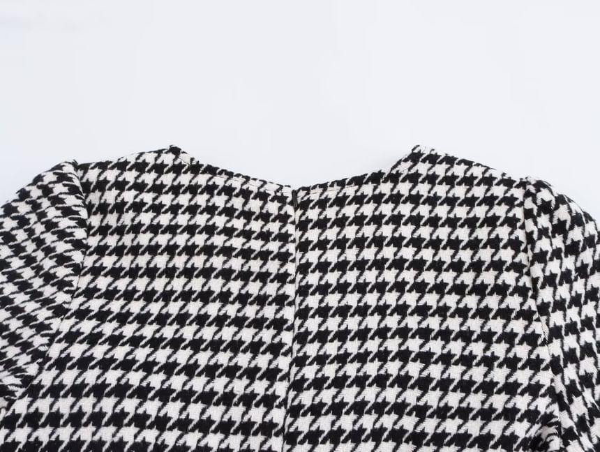 Long-Sleeve Round Neck Houndstooth Panel Mini A-Line Dress Product Image
