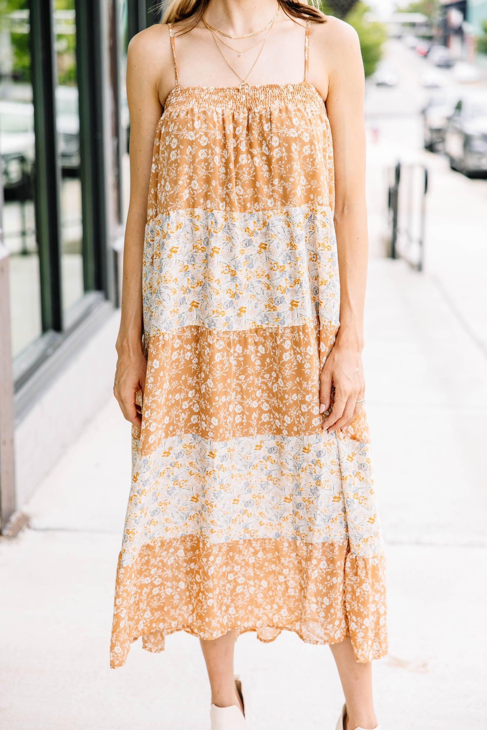 Stay With Me Taupe Brown Ditsy Floral Midi Dress Female Product Image
