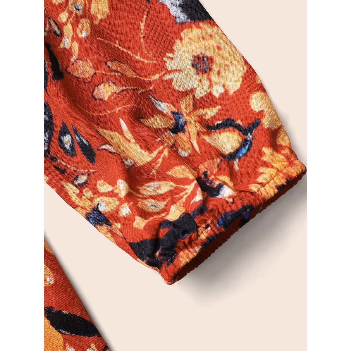 Plus Size Multicolor Floral Shirred Gathered Lantern Sleeve Blouse Women Elegant Long Sleeve V-neck Everyday Blouses BloomChic 18-20/2X Product Image