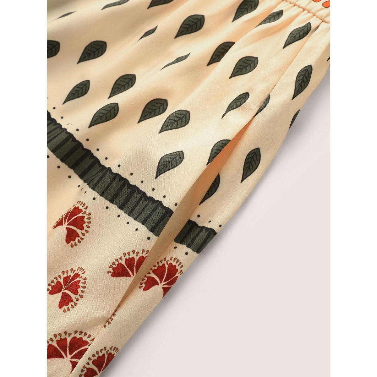 Plus Size Boho Print Notched Collar Patchwork Belted Dress Apricot Women Resort Non Notched collar Elbow-length sleeve Curvy Midi Dress BloomChic 18-20/2X Product Image