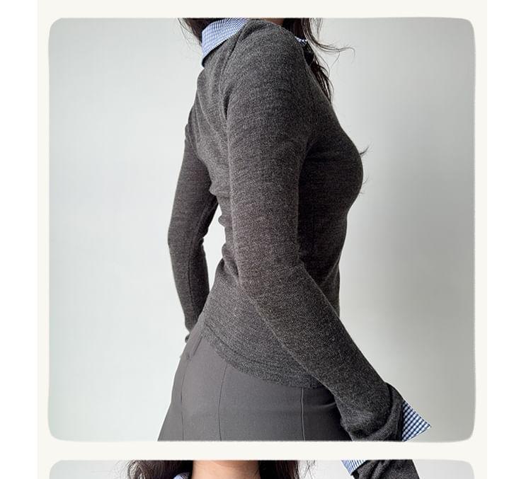 Collared Mock Two-Piece Plaid Panel Button-Up Cardigan Product Image
