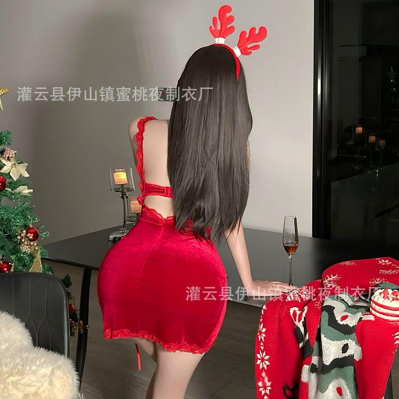 Lace Trim Velvet Chemise / Thong / Deer Horn Headband / Set Product Image