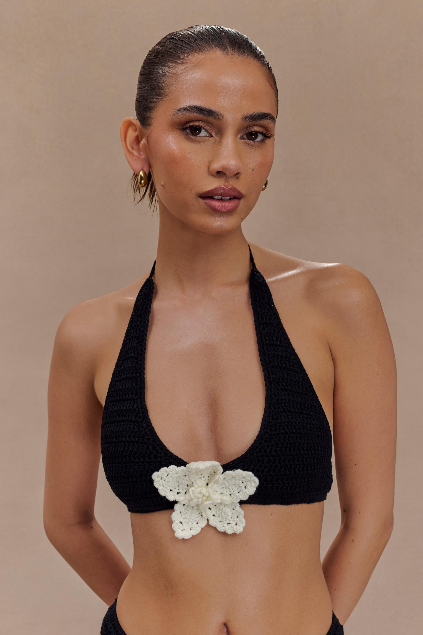 Rhiannon Floral Crochet Halter Bikini Top - Black And White Product Image