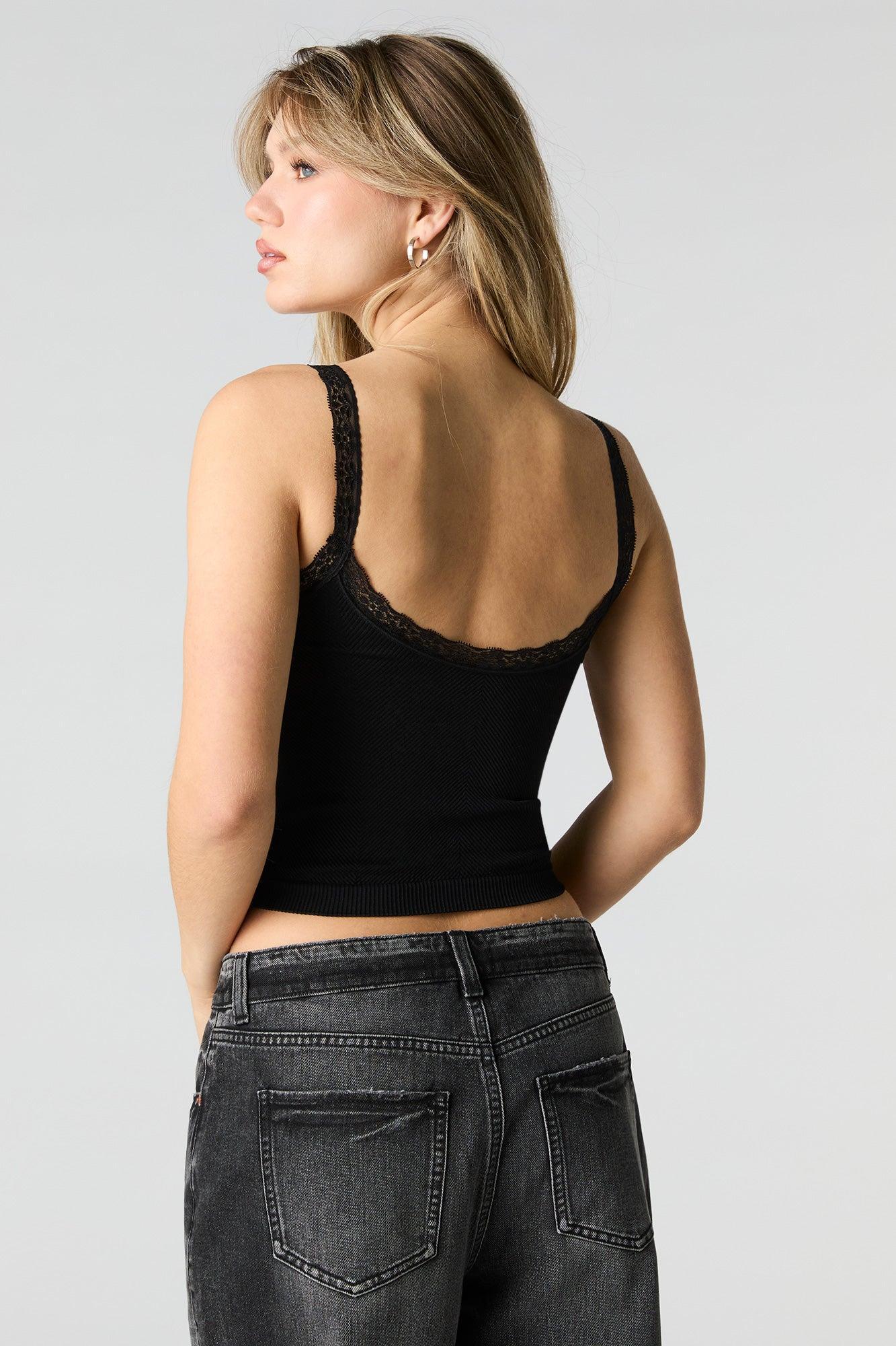 Ribbed Lace Trim Tank with Built-In Bra Cups Female Product Image