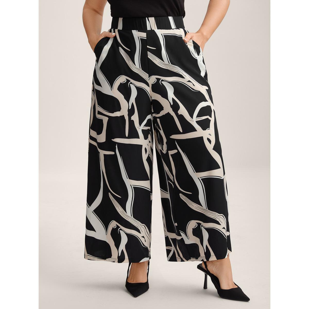 Plus Size Abstract Pattern Wide-Leg Pockets Pants Women Black At the Office Wide Leg Mid Rise Work Pants BloomChic 10/M Product Image