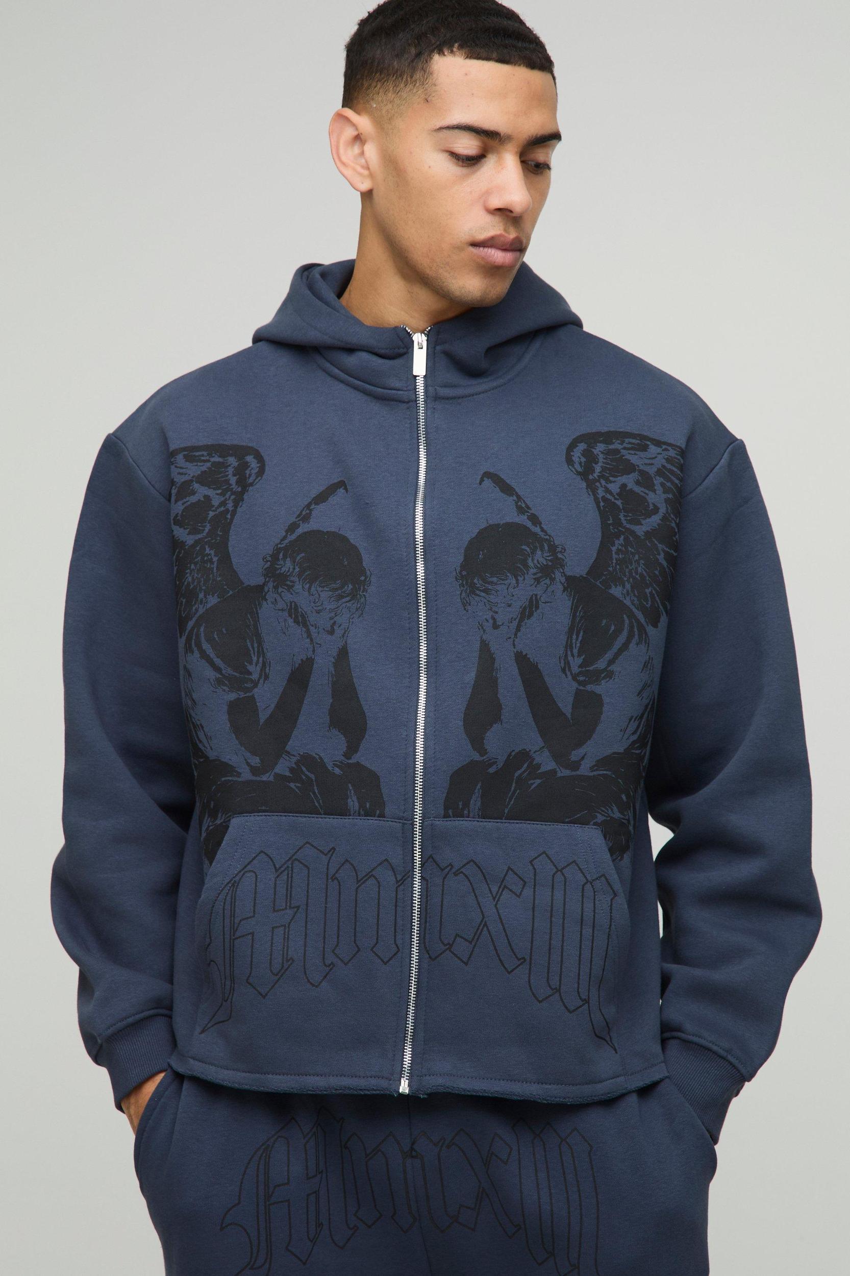 Mens Oversized Boxy Zip Through Renaissance Graphic Hoodie - Blue Product Image