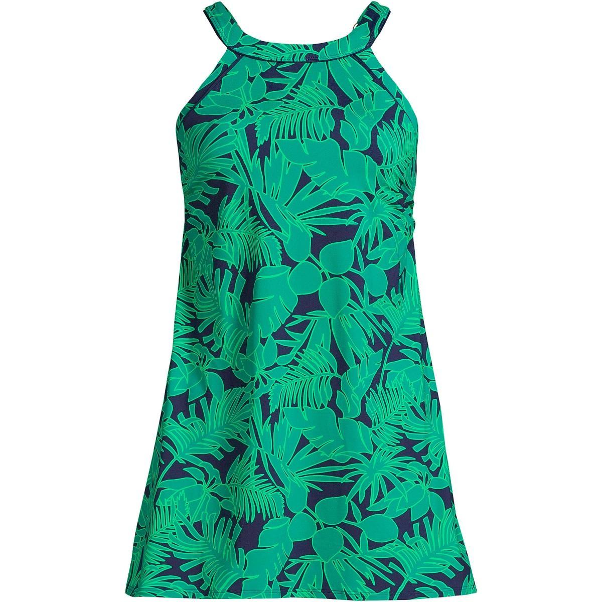Womens Lands End UPF 50 High Neck One-Piece Swim Dress Blue Team Stripe Product Image