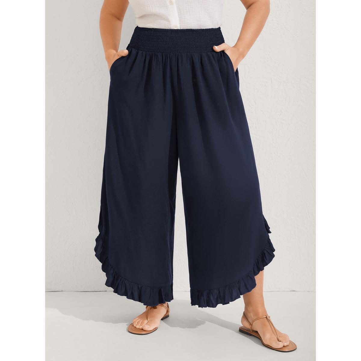 Plus Size Ruffled Curvy Hem Wide-Leg Pants Women Plum Resort Wide Leg Mid Rise Vacation Pants BloomChic 10/M Product Image