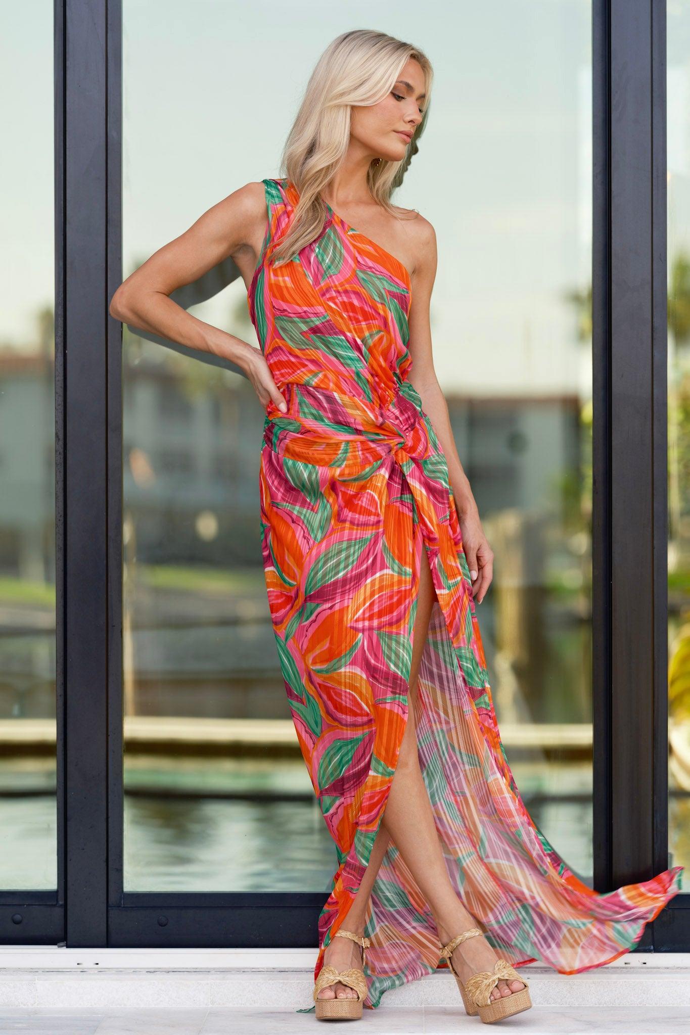 Shining Brighter Orange Multi Floral Print One Shoulder Maxi Dress Product Image