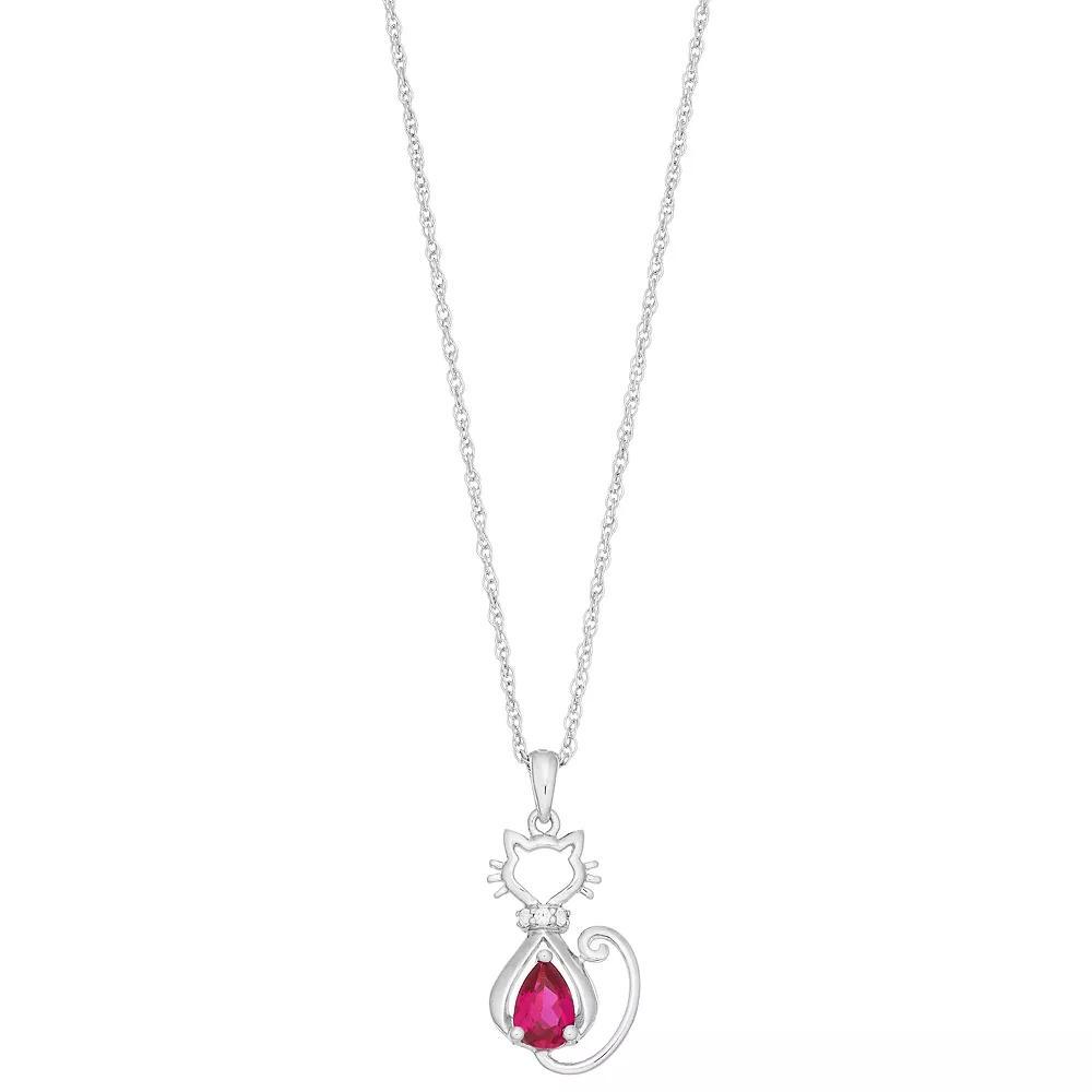 Sterling Silver Gemstone & Lab-Created White Sapphire Cat Pendant, Women's, Size: 18", Created Green Product Image