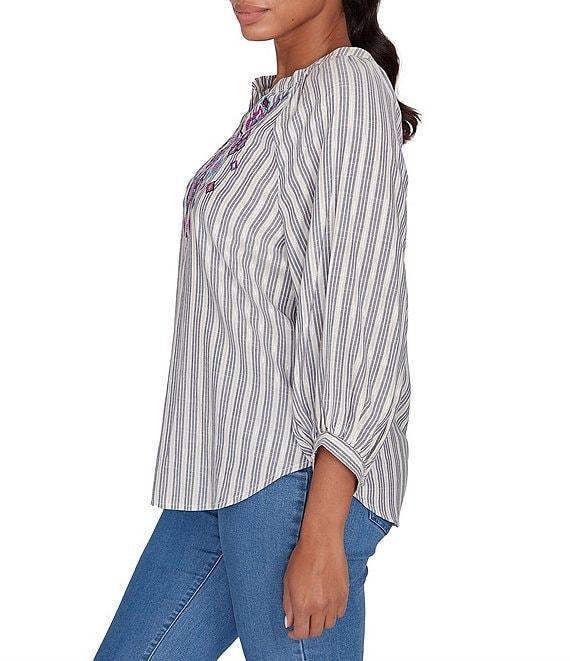 Ruby Rd. Embroidered Front Detail Yarn-Dyed Stripe Woven Notch Neck 3/4 Balloon Sleeve Blouse Product Image