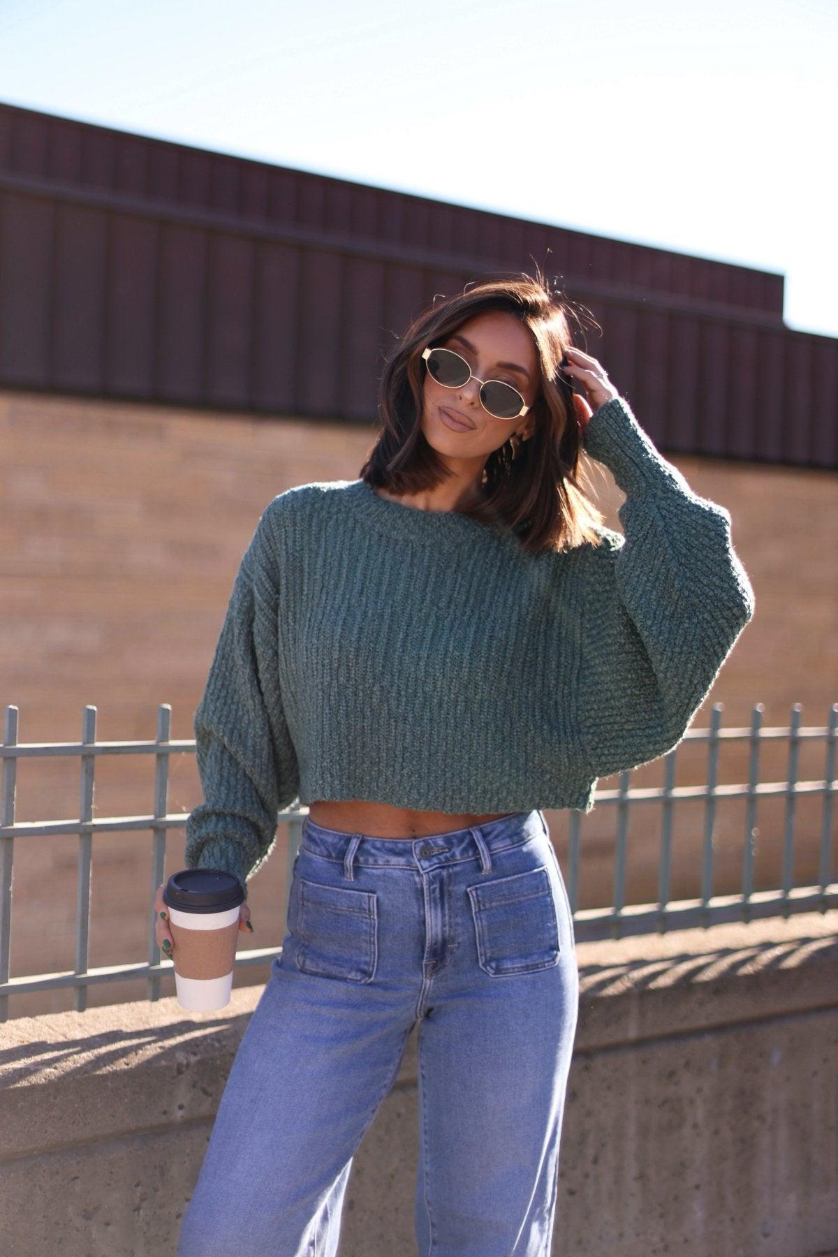Green Popcorn Knit Cropped Sweater - FINAL SALE Product Image