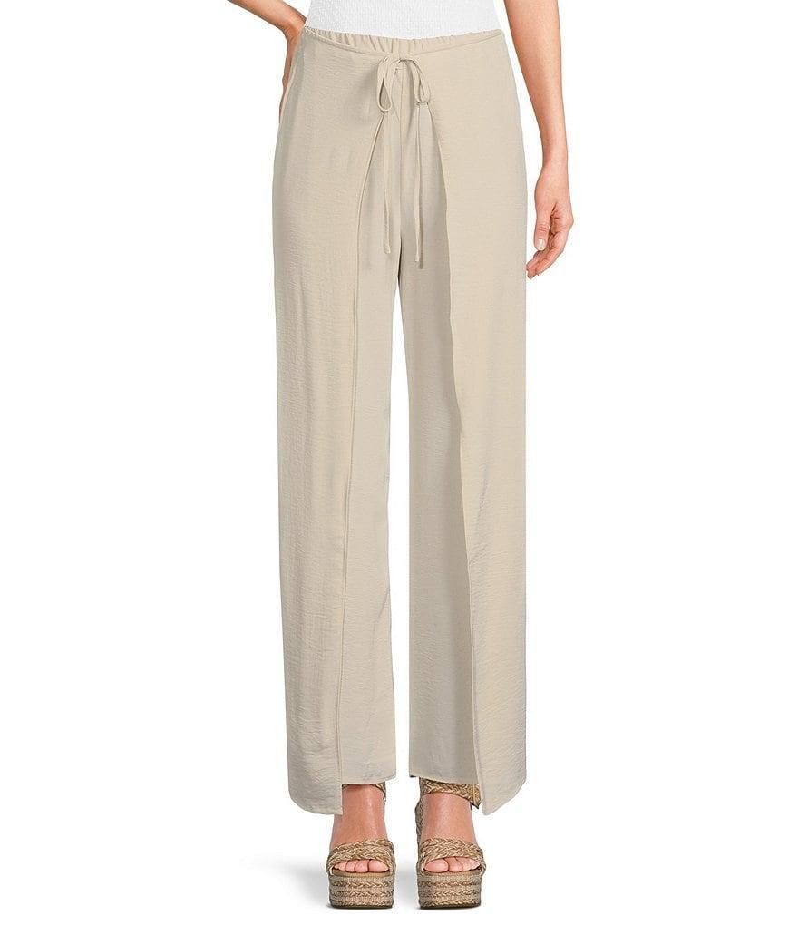 CeCe Wide Leg Pleated Front Asymmetrical Hem Crinkle Twill Pants Product Image
