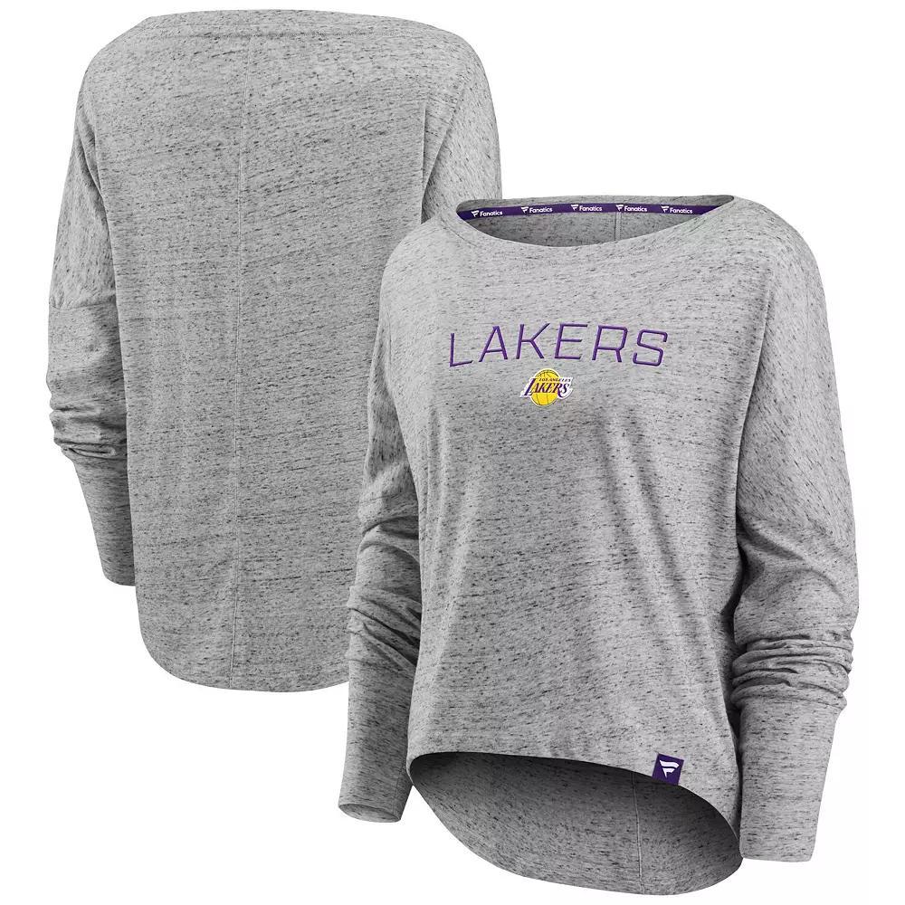 Women's Fanatics Branded Heathered Gray Los Angeles Lakers Nostalgia Off-The-Shoulder Long Sleeve T-Shirt, Size: Small, Grey Product Image