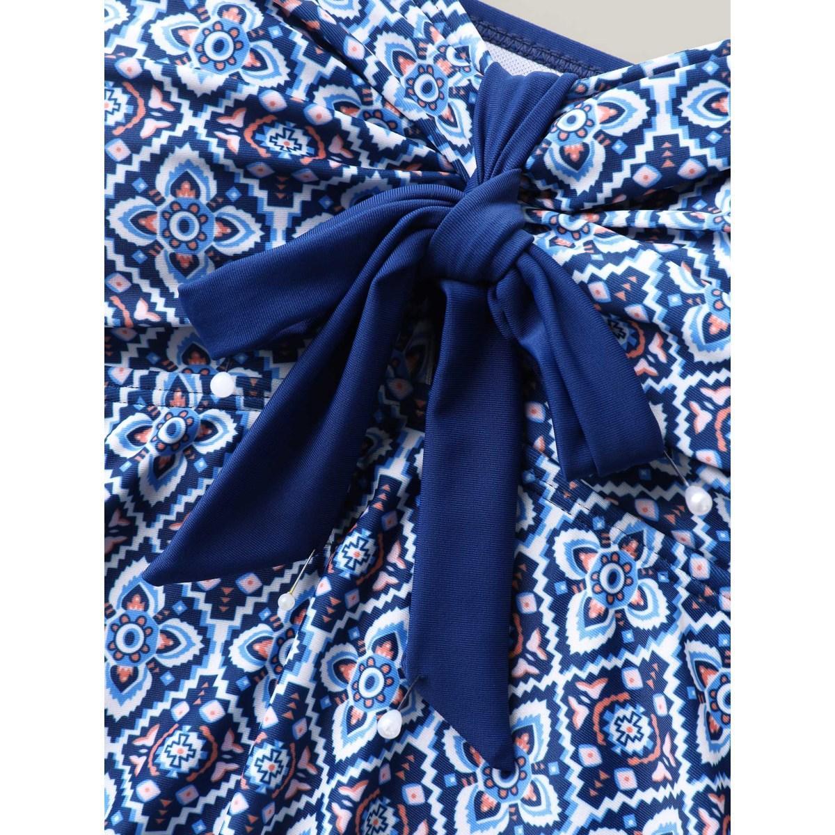 Plus Size Boho Print Adjustable Front Knot Swim Dress Women's Swimwear Indigo Beach Bodycon Heart neckline High stretch Curve Swim Dresses BloomChic 22-24/3X Product Image