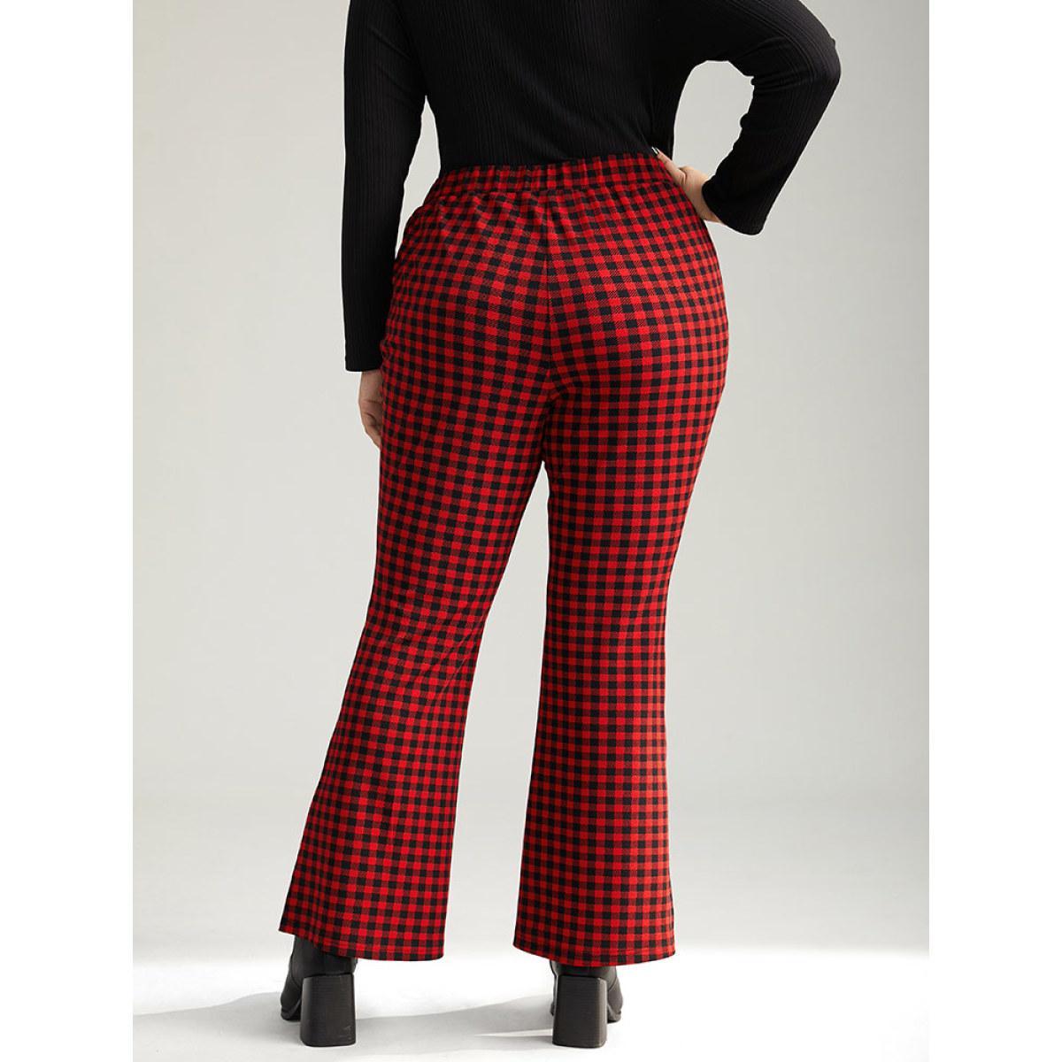 Plus Size Gingham Bootcut Split Hem Metal Detail Pants Women Raspberry Elegant Flare Leg High Rise Festival-Christmas Pants BloomChic 10/M Product Image
