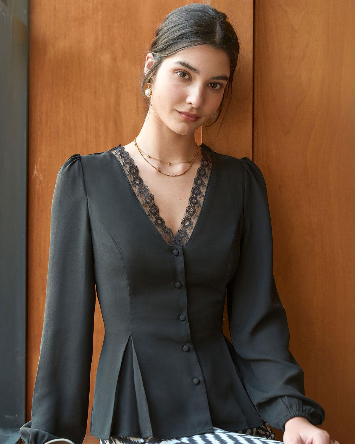 The Black V Neck Lace Trim Button Blouse Product Image