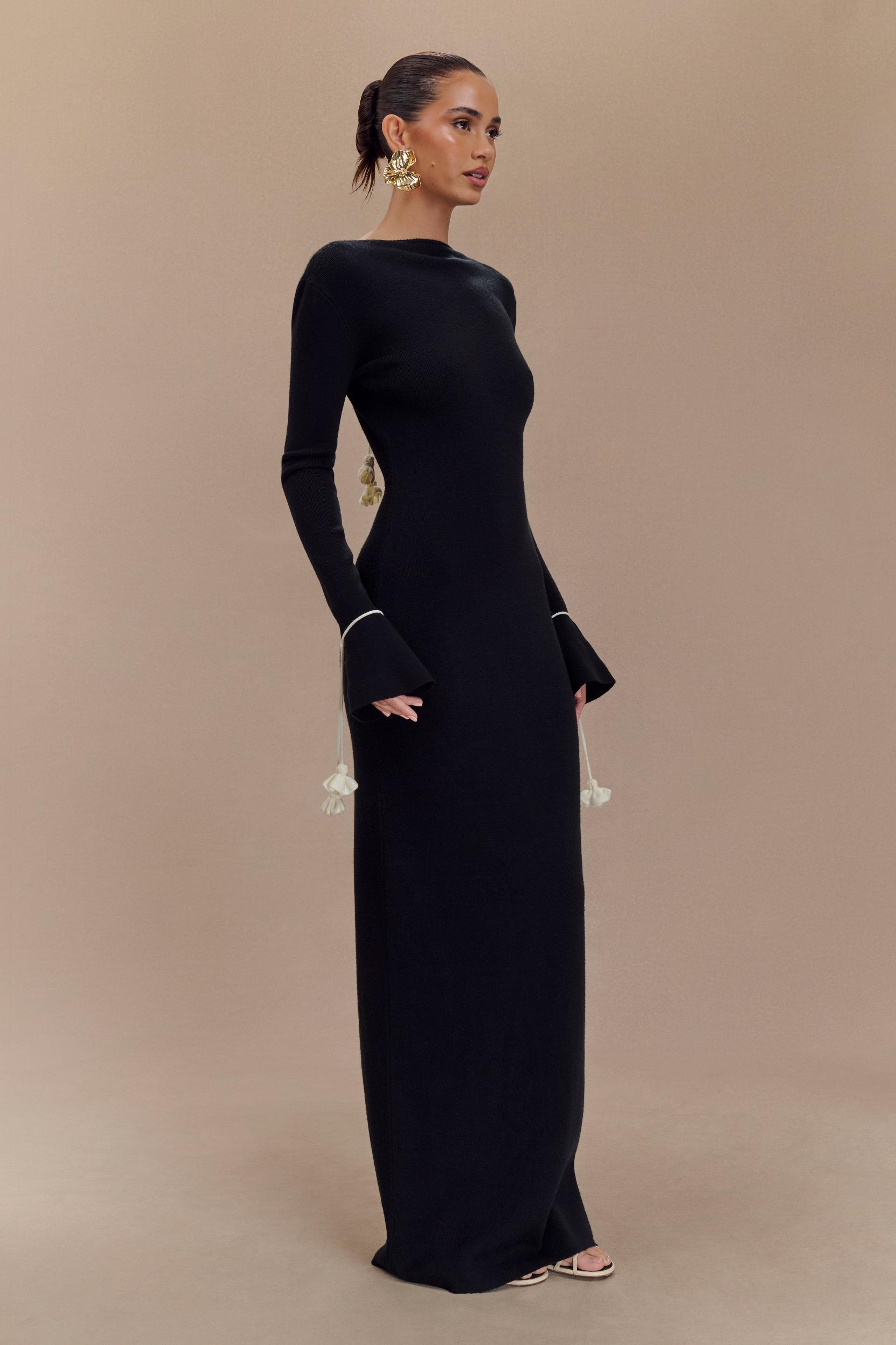 Erica Knit Maxi Dress With Floral Ties - Black And White Product Image