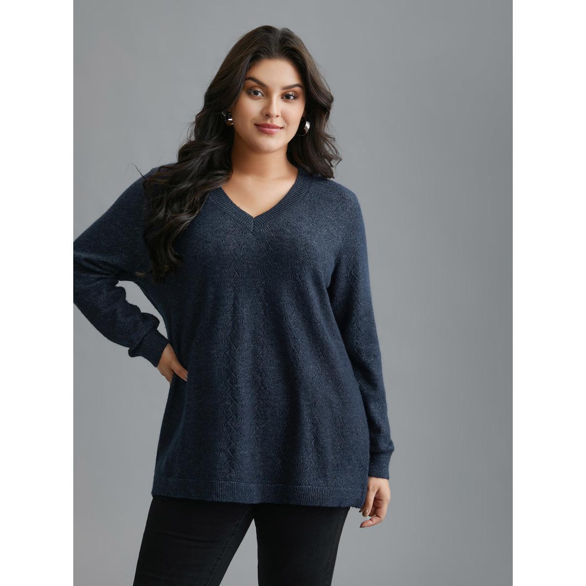 Plus Size Hollowed-Out-Back Bows V-Neck Pullover Midnight Women Casual Loose Long Sleeve V-neck Everyday Pullovers BloomChic 22-24/3X Product Image