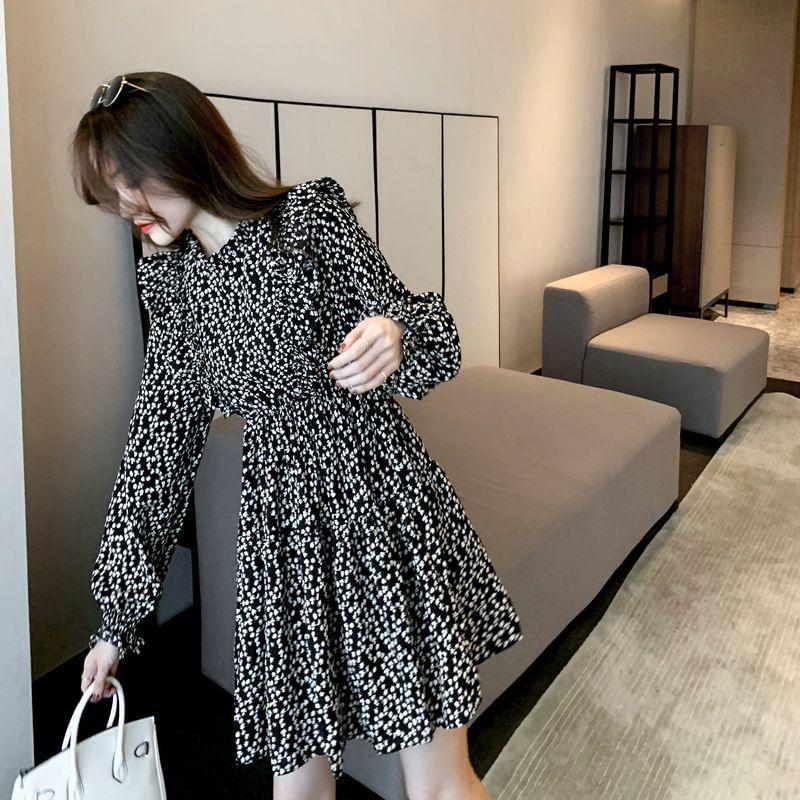 Long-Sleeve Crewneck Floral Print A-Line Dress Product Image