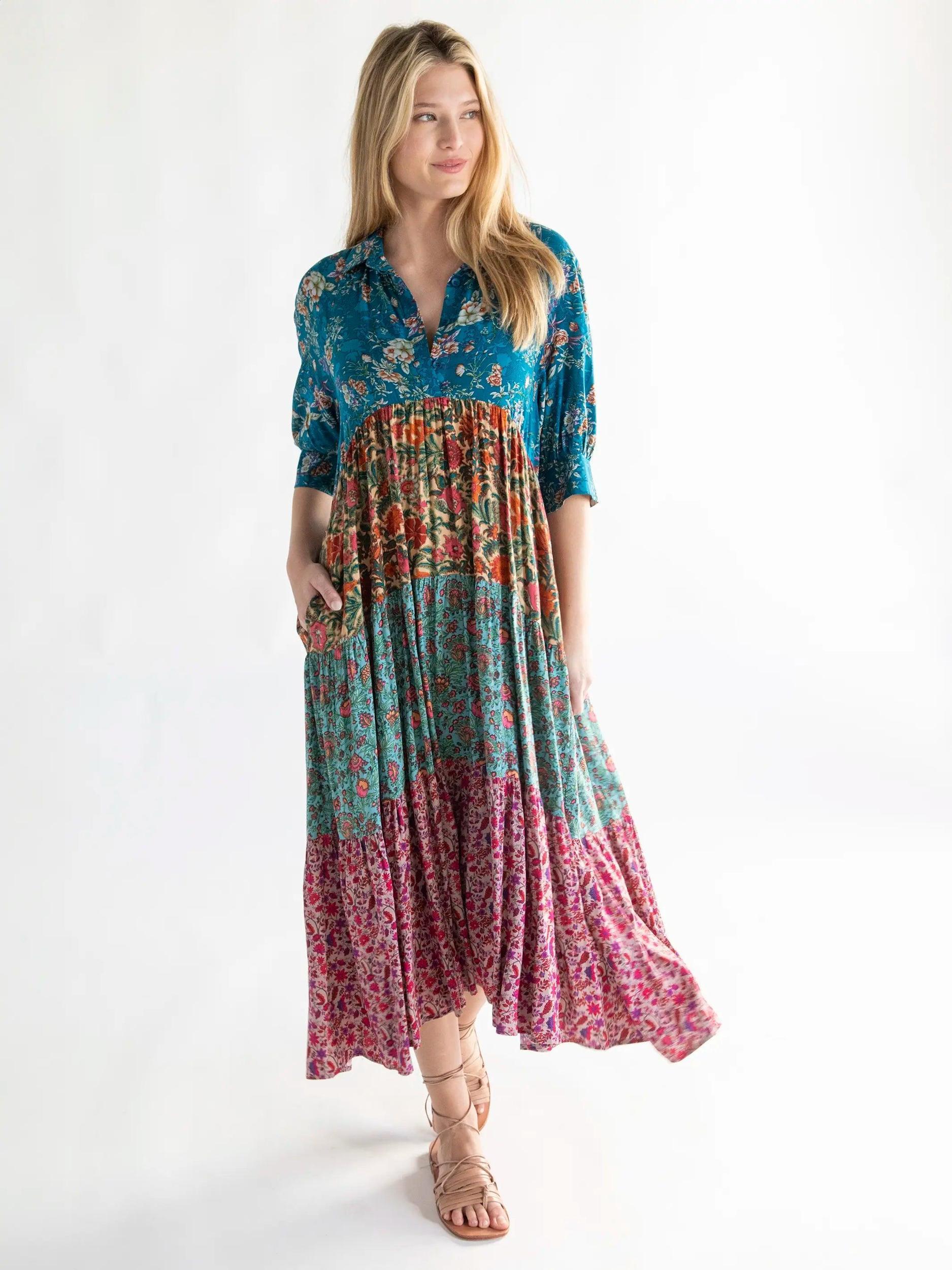 Rebecca Midi Dress - Cream Turquoise Mixed Floral Product Image
