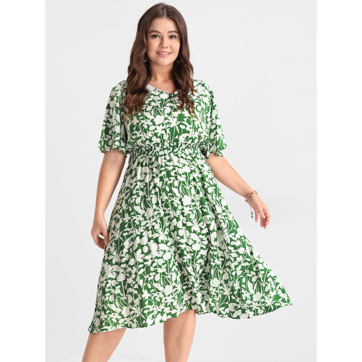 Plus Size Ditsy Floral Shirred Button Ruffles Knee Dress LightGreen Women Elegant Printed V-neck Short sleeve Curvy Knee Dress BloomChic 12/L Product Image