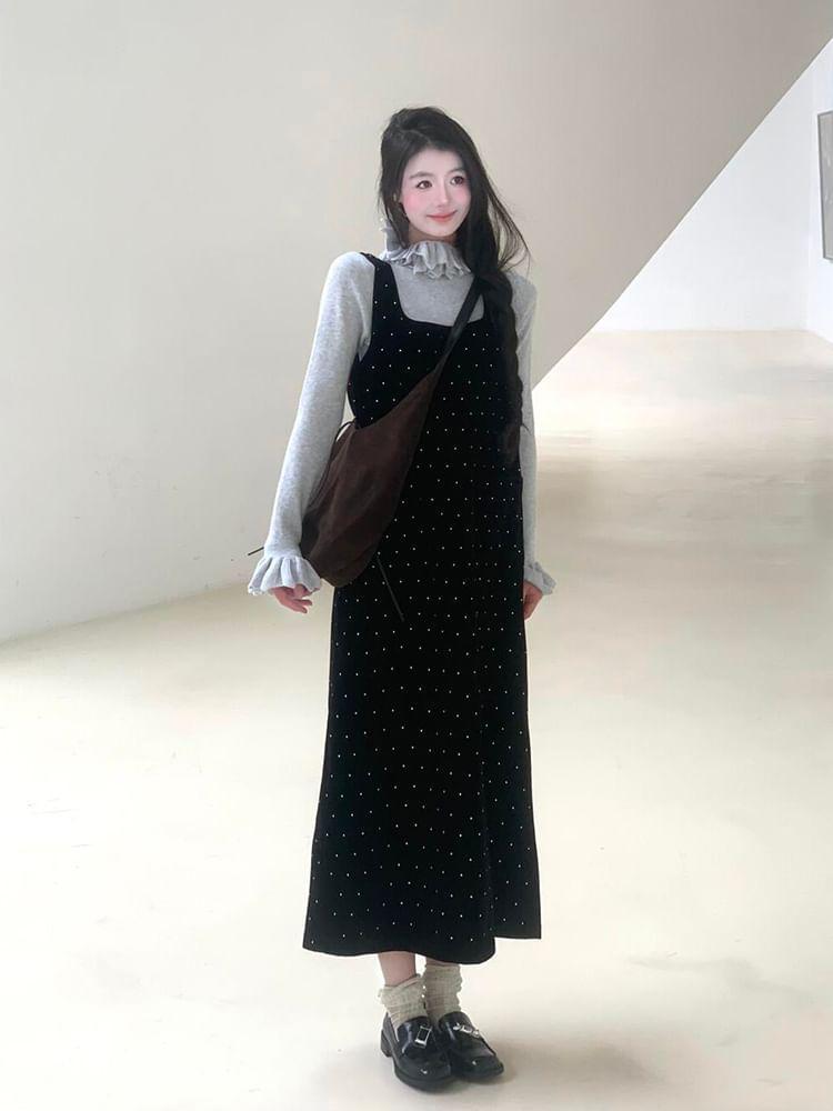 Long-Sleeve Ruffle Trim Slim Fit T-Shirt / Square Neck Dotted Midi A-Line Jumper Dress / Set Product Image