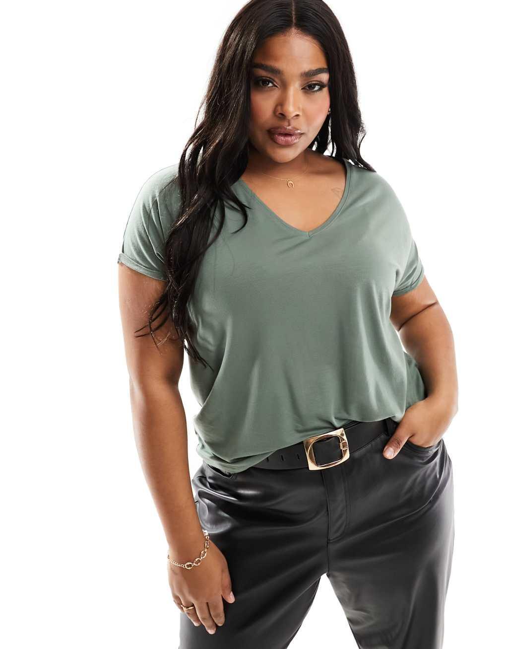 Vero Moda Curve V-neck T-shirt in khaki Product Image