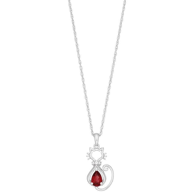 Sterling Silver Gemstone & Lab-Created White Sapphire Cat Pendant, Women's, Size: 18", Red Product Image