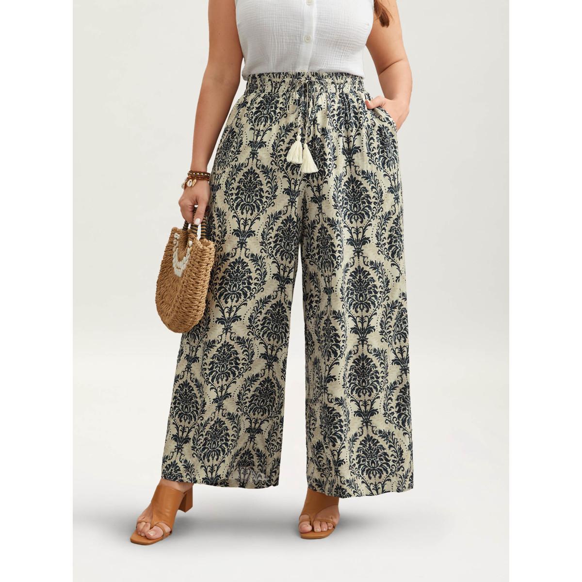 Plus Size Damask Print Tassel Straight-Leg Pants Women DarkBlue Resort Wide Leg Mid Rise Vacation Pants BloomChic 12/L Product Image