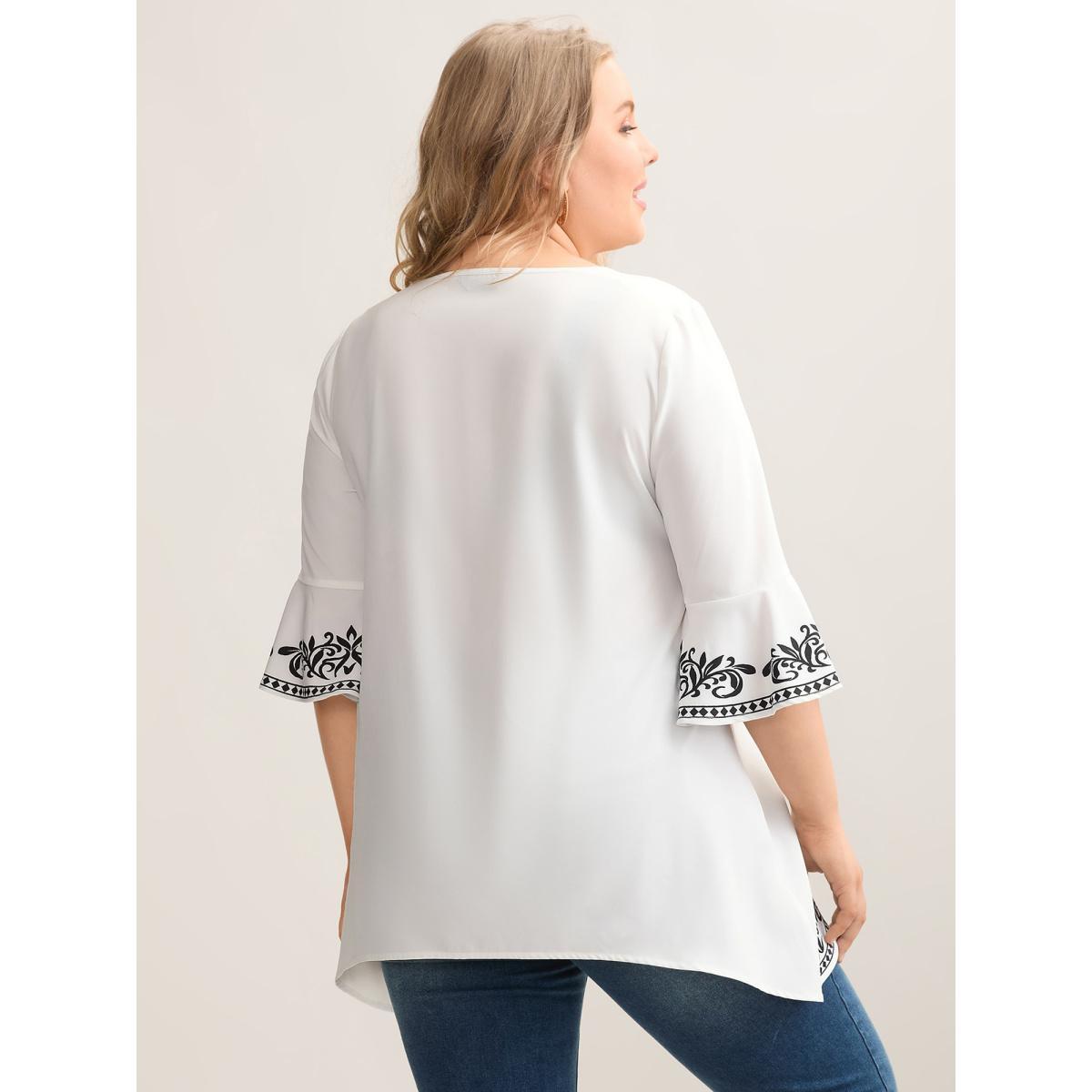 Plus Size Originalwhite Boho Print Split Neck Relaxed Fit Blouse Women Resort Elbow-length sleeve Notched collar Vacation Blouses BloomChic 14-16/1X Product Image