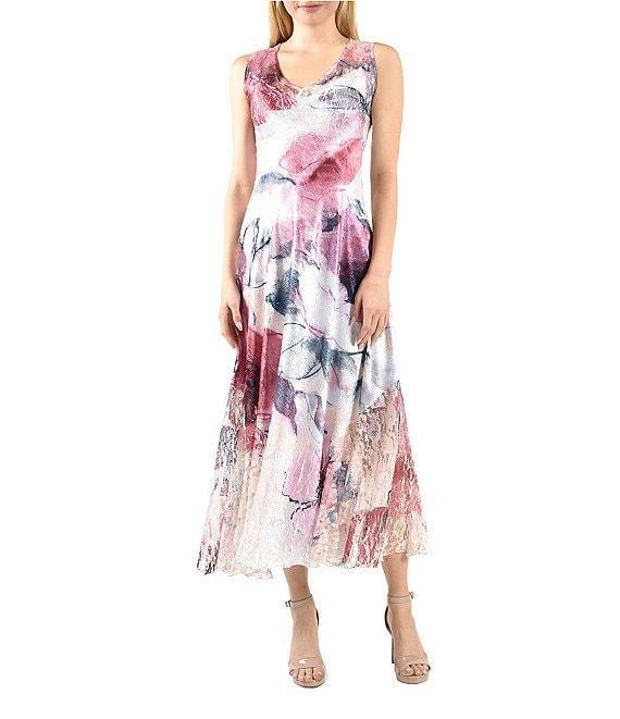 Komarov Floral Charmeuse Lace V-Neck Sleeveless Fit & Flare Midi Dress Product Image