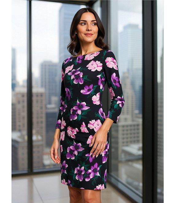 Investments Scuba Crepe Blue Floral Print 3/4 Sleeve Ballet Neck Sheath Dress Product Image