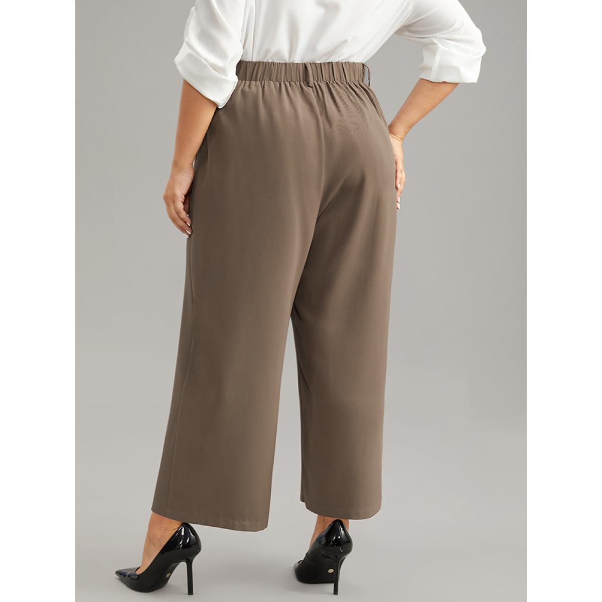 Plus Size Plain Plicated Detail Straight Leg Pants Women DarkBrown Office Wide Leg High Rise Work Pants BloomChic 12/L Product Image