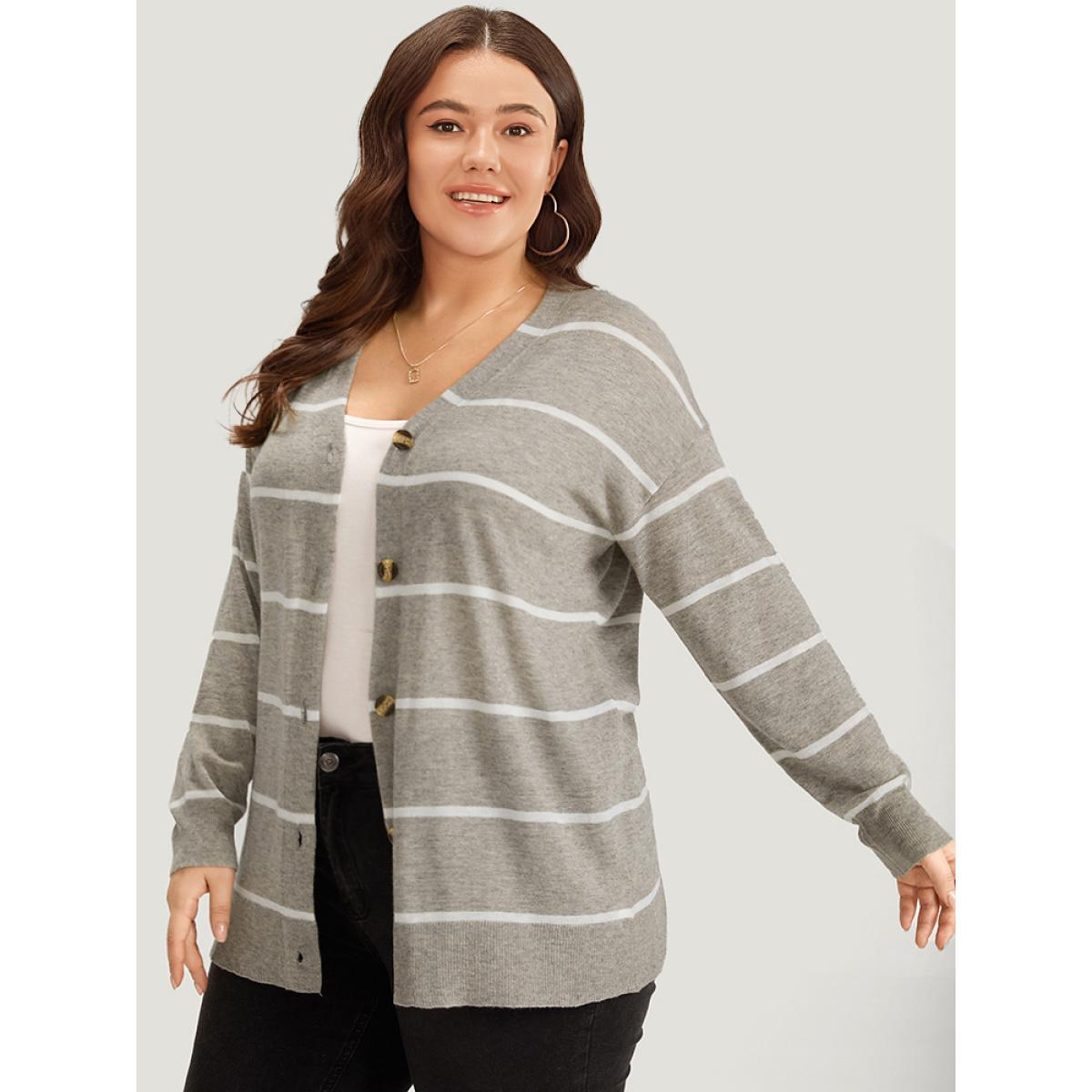 Plus Size Supersoft Essentials Striped Button Through Elastic Cuffs Cardigan DarkGray Women Casual Loose Long Sleeve Dailywear Cardigans BloomChic 26/4X Product Image