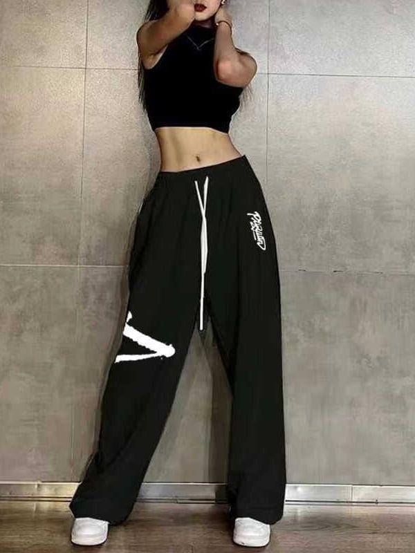 Drawstring Waist Lettering Print Wide Leg Sweatpants Product Image