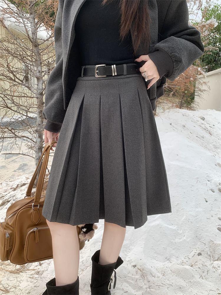 High Waist Plain Midi Pleated Skirt Product Image