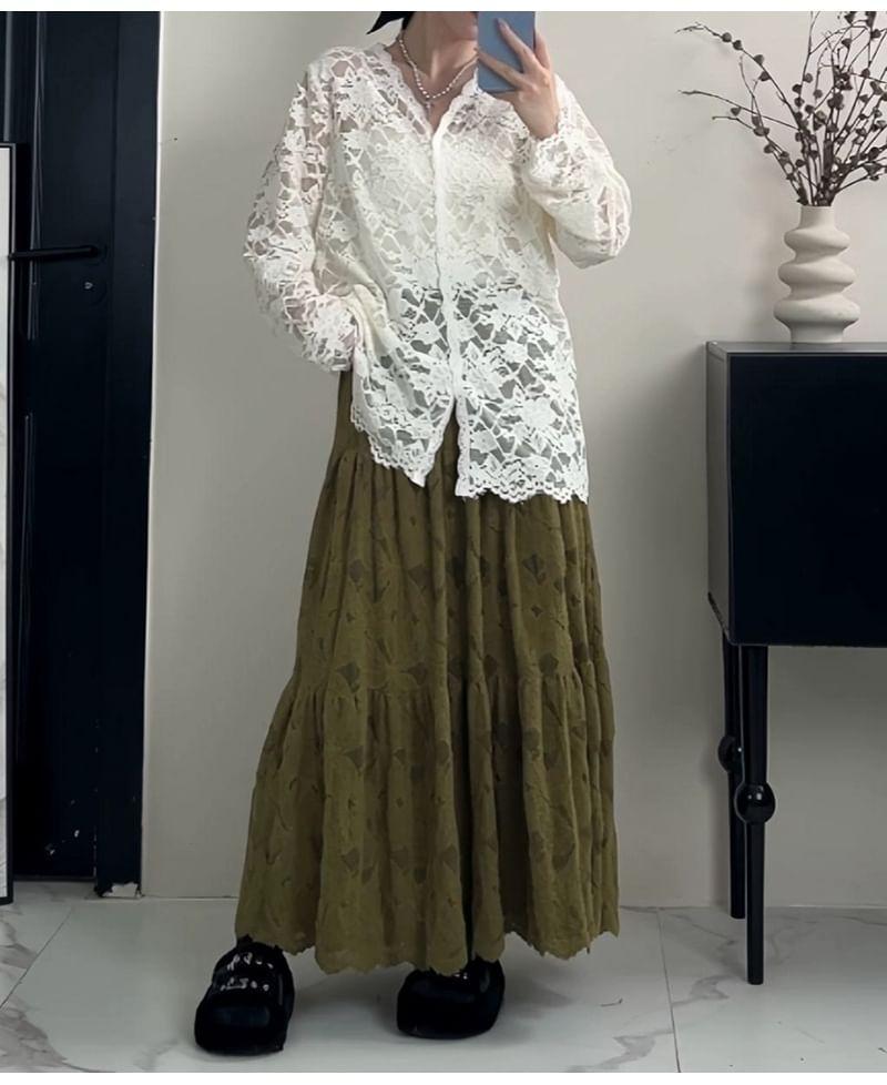 Long-Sleeve V-Neck Floral Lace Button Top Product Image