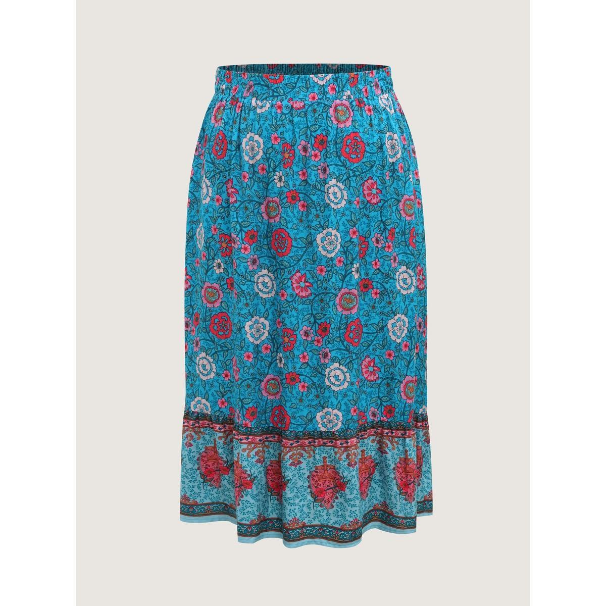 Plus Size Floral Fun Wide-Waist Maxi Skirt Women Cerulean Resort Patchwork Low stretch Slanted pocket Vacation Skirts BloomChic 26/4X Product Image