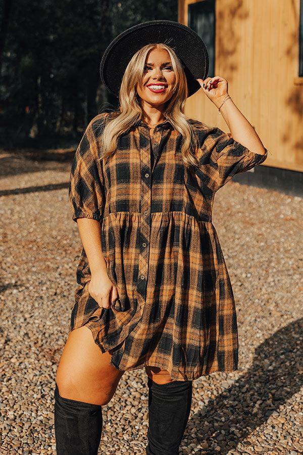 Never Pretend Plaid Dress In Camel Curves Product Image